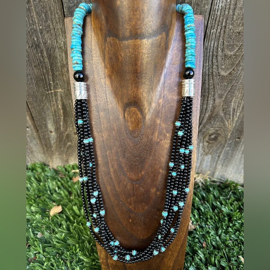 Sterling Silver Multi Strand Black Onyx With Turquoise Bead Necklace. 30 Inch